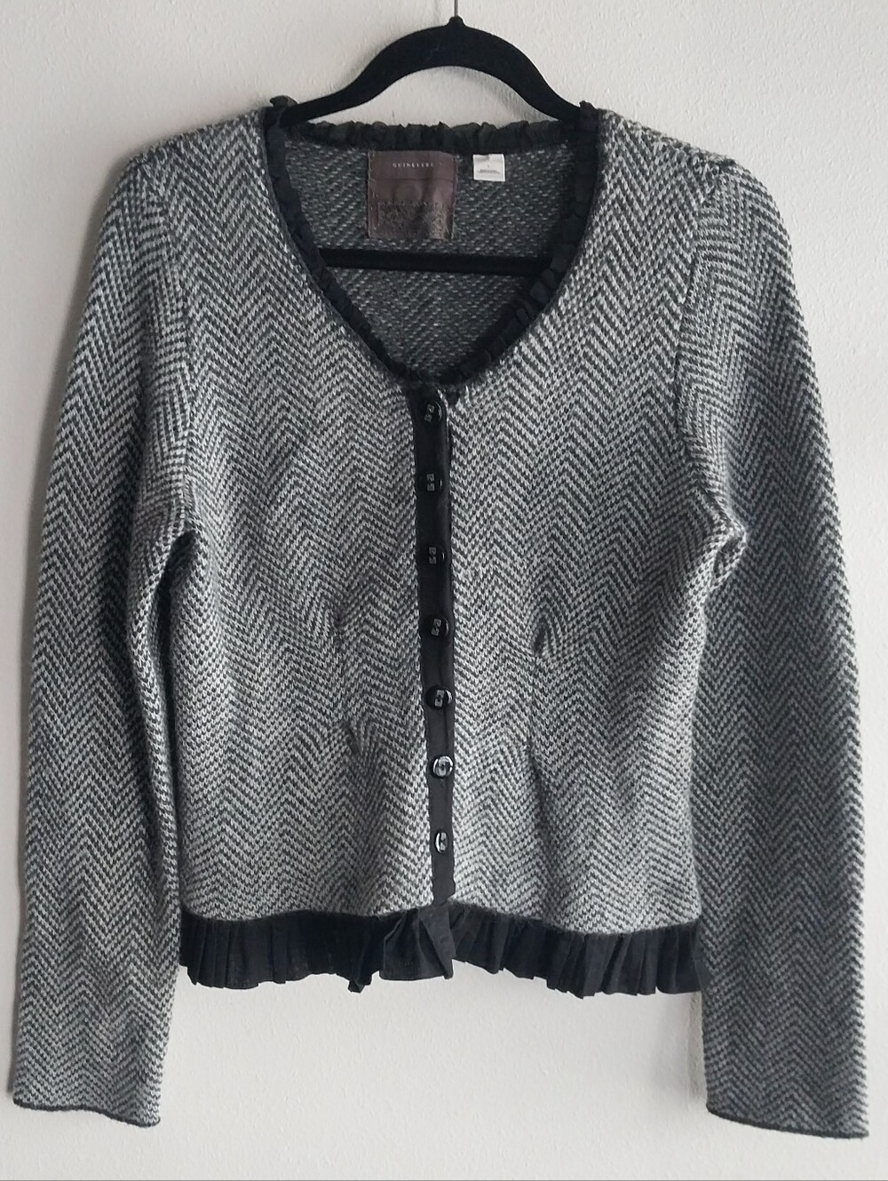 Guinevere Anthropologie Black & Gray Herringbone Lambswool Angora Blend Cardigan